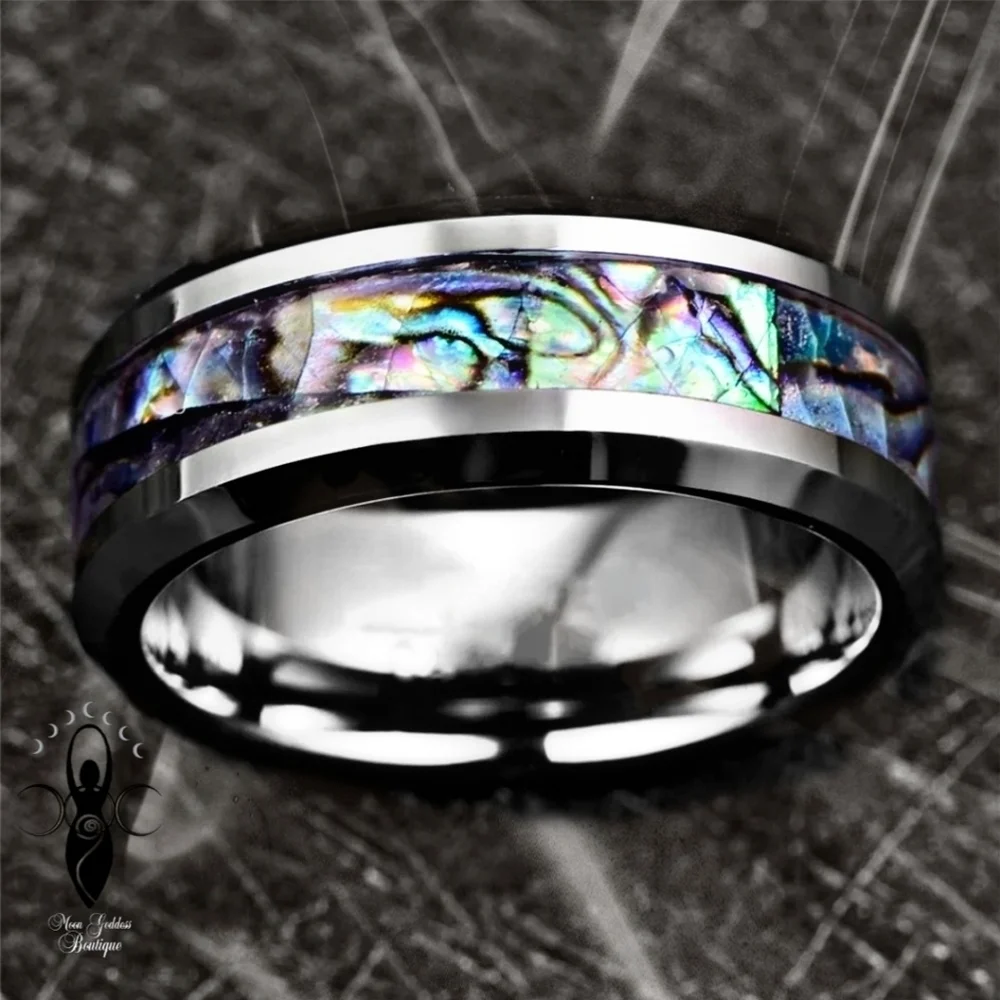 Unisex Ring ✦ Stainless Steel Abalone Shell Channel ✦ 8mm Silver Band NWT
